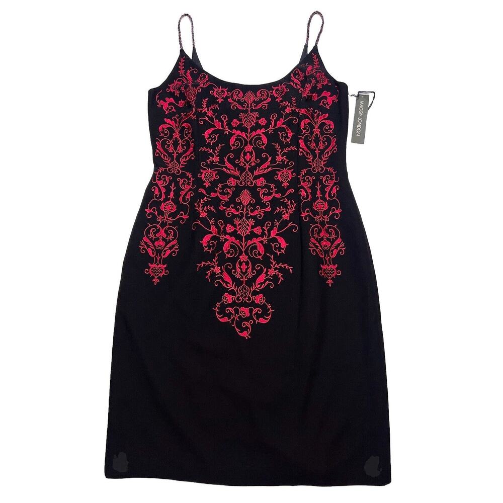Maggy London Dress Size 14 Black Red Embroidered Beaded Strap Lined Cocktail NWT